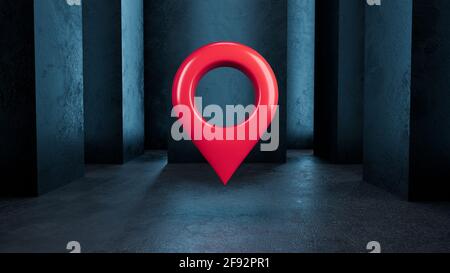 3 d simbolo di posizione rosso. Icona del puntatore della mappa su sfondo blu scuro. illustrazione 3 d. Foto Stock