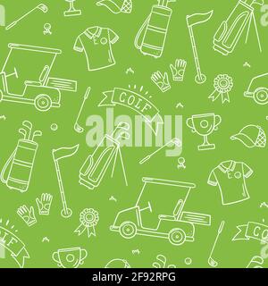Golf senza cuciture modello - club, palla, bandiera, borsa e golf cart in stile doodle. Illustrazione vettoriale disegnata a mano Illustrazione Vettoriale