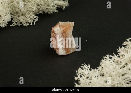 Halite o sale di roccia dal Pakistan. Pietra minerale naturale su sfondo nero circondata da muschio. Mineralogia, geologia, magia, pietre semi-preziose Foto Stock