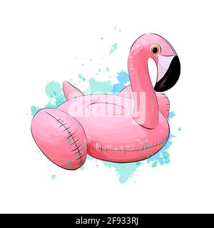 Estate piscina Inflantable gomma rosa Flamingo giocattolo da una spruzzata di acquerello, disegno colorato, realistico. Illustrazione vettoriale delle vernici Illustrazione Vettoriale