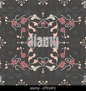 Motivo floreale senza cuciture con fiori di giglio e cuori. Grigio scuro, rosa, avorio crema e arancio pastello. Vettore. Illustrazione Vettoriale