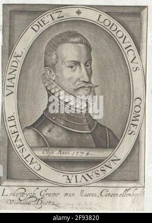 Ludwig, Conte di Nassau-Siegen Fast Chest, 3/4 da destra; BARHAUPT, m. baffi, farciti completamente; in Harnic, Con piccola crimpatura a collo; sul bordo superiore del segmento inferiore Latin a forma di sommità. Numero di morte con l'anno; in cornice ovale con lat. Taster, su una lavorazione rettangolare, prevalentemente a tratteggio, della stessa misura; sotto la presentazione di due linee olandesi. Legenda. Incisione in rame, senza terminazione [attribuito Nicolaes de Clercreck]. Foto Stock