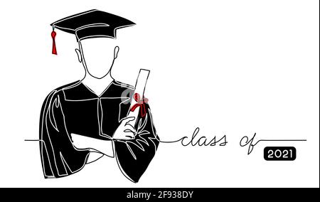 Studente laureato con tappo, abito nero, diploma di base vettore semplice, poster, banner. Un disegno a linea continua con testo Illustrazione Vettoriale