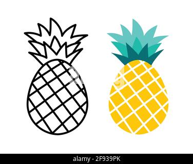 Frutta di ananas disegno piatto e profilo. Frutti tropicali estivi per uno stile di vita sano. Illustrazione Vettoriale