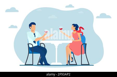 Vettore di un giovane uomo e donna che lo siede la terrazza del ristorante bere vino. Illustrazione Vettoriale