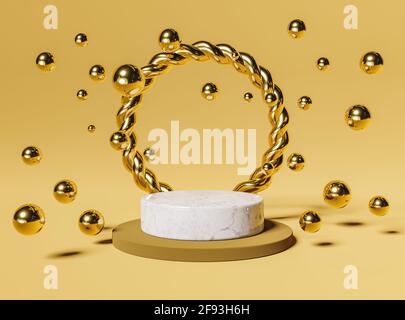 podio in marmo con anello d'oro e sfere per l'esposizione dei prodotti Foto Stock
