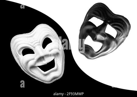 Yin e Yang, dualismo e sbalzi d'umore caratteristici del concetto di depressione maniacale con fotografia monocromatica di tragedie e maschere teatrali comiche Foto Stock