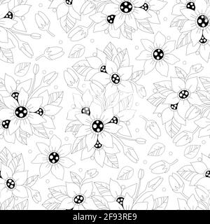 Poodle monocromo fiore bohemian modello senza giunture, pagina per libro da colorare adulto. Profilo floreale bianco e nero. Illustrazione vettoriale disegnata a mano. Illustrazione Vettoriale