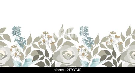 Motivo floreale vettoriale senza cuciture, bordo. Rose, fiori piccoli, ramoscelli, foglie. Illustrazione Vettoriale