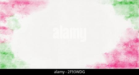 Watercolor cornice astratta rosa e verde su sfondo di carta bianca, ampio sfondo banner con spazio per la copia Foto Stock