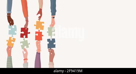 Banner. Lavoro di squadra e collaborazione tra colleghi. Metafora di risoluzione dei problemi. Le braccia e le mani di persone diverse che tengono il pezzo di puzzle jigsaw. Condivisione Illustrazione Vettoriale