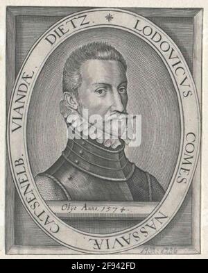 Ludwig, Conte di Nassau-Siegen Fast Chest, 3/4 da destra; BARHAUPT, m. baffi, farciti completamente; in Harnic, Con piccola crimpatura a collo; sul bordo superiore del segmento inferiore Latin a forma di sommità. Numero di morte con l'anno; in cornice ovale con lat. Taster, su una lavorazione rettangolare, prevalentemente a tratteggio, della stessa misura; sotto la presentazione di due linee olandesi. Legenda. Incisione in rame, senza terminazione [attribuito Nicolaes de Clercreck]. Foto Stock