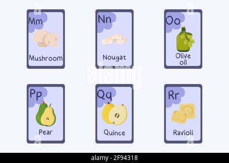 Flashcard alfabetica colorata lettera M, N, o, P, Q, R - funghi, torrone, olio d'oliva, pera, mela cotogna, ravioli. Carte a tema alimentare per insegnare la lettura con cibi, verdure, frutta e noci. Illustrazione Vettoriale