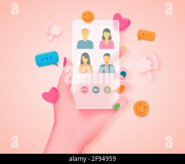 Videoconferenza da un telefono opaco traslucido nella mano sulla quale le persone sono visibili. Illustrazione vettoriale. Illustrazione Vettoriale