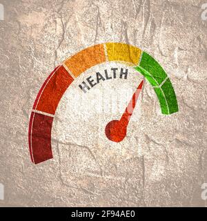 Scala di colore con freccia dal rosso al verde. Icona del dispositivo di misurazione del livello di integrità. Segnale contagiri, tachimetro, indicatori. Indicatore infografico colorato Foto Stock