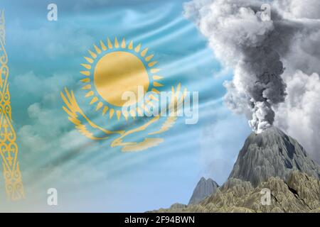 Eruzione stratovulcano al giorno con fumo bianco sullo sfondo della bandiera del Kazakistan, problemi a causa dell'eruzione e cenere vulcanica concettuale 3D illustratore Foto Stock