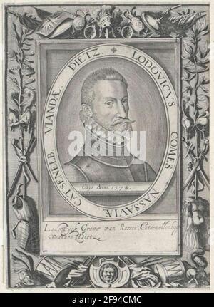 Ludwig, Conte di Nassau-Siegen Fast Chest, 3/4 da destra; BARHAUPT, m. baffi, farciti completamente; in Harnic, Con piccola crimpatura a collo; sul bordo superiore del segmento inferiore Latin a forma di sommità. Numero di morte con l'anno; in cornice ovale con lat. Taster, su una lavorazione rettangolare, prevalentemente a tratteggio, della stessa misura; sotto la presentazione di due linee olandesi. Legenda. Incisione in rame, senza designazione. [Attribuito Nicolaes de Clercreck]. Attrezzo in cornice rettangolare con glorificanti simboli di guerra e trofei. Foto Stock