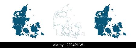 Mappa blu della danimarca, mappa blu della Danimarca. Dettaglio, proiezione Mercatore, mappa Danimarca Illustrazione Vettoriale