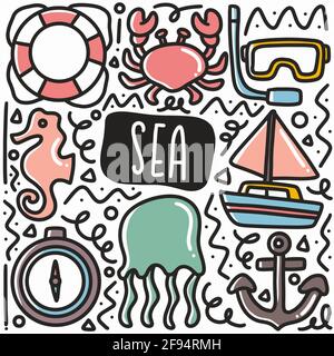 set di doodle di mare disegnate a mano Illustrazione Vettoriale