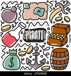 set di doodle pirati disegnati a mano Illustrazione Vettoriale