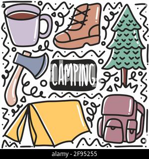 set di attrezzi da campeggio disegnati a mano Illustrazione Vettoriale