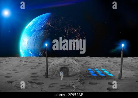 Base lunare, avamposto spaziale. Primo insediamento sulla luna. Missioni spaziali. Moduli viventi per la conquista dello spazio nel sottosuolo lunare. Tubo di lava Foto Stock