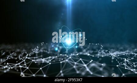 Astratto sfondo di spazio poligonale con punti e linee di collegamento. Atomo astratto dalle particelle. 3 d rendering. Foto Stock