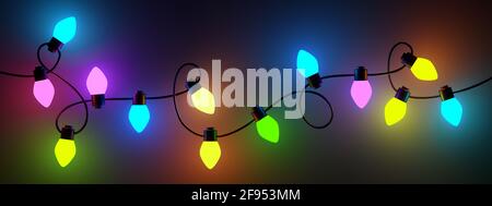 Luci di Natale colorate e brillanti su sfondo nero. 3 d resa con decorazione festiva garland. Foto Stock