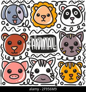 set doodle per il viso dell'animale disegnato a mano Illustrazione Vettoriale