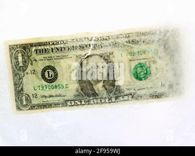 Il conto del dollaro americano è racchiuso in ghiaccio Foto Stock