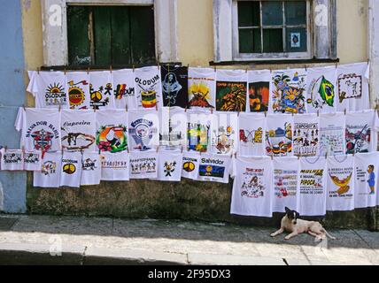 t-shirt in vendita e un cane sulla strada di Pelourinho area Salvador de Bahia Brasile Foto Stock