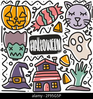 set di doodle da festa halloween disegnato a mano Illustrazione Vettoriale