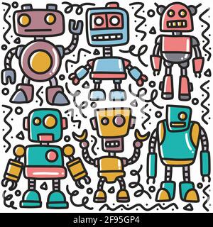 set di doodle robot disegnati a mano Illustrazione Vettoriale