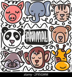 set doodle per il viso dell'animale disegnato a mano Illustrazione Vettoriale
