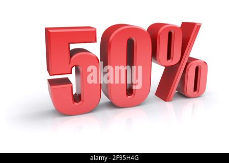 Icona rossa del tasso percentuale del 50% su sfondo bianco. immagine 3d rappresentata Foto Stock