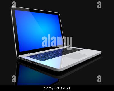 Computer portatile bianco con schermo blu su sfondo nero. immagine 3d Foto Stock