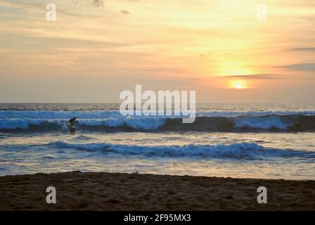Surfista al tramonto. Legian Beach, Pantai Legian, Bali, Indonesia. Bali è un popolare luogo di surf con molte scuole di surf. Vicino a Kuta e Seminyak. Foto Stock