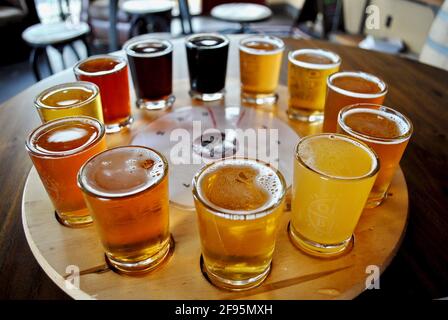 Un volo di campionatori di birra. Le birre variano dalle birre chiare pallidi alle stouts scure. Pilsner, lager, bock, Kölsch, amaro, Irish Red Ale, American Brown Foto Stock