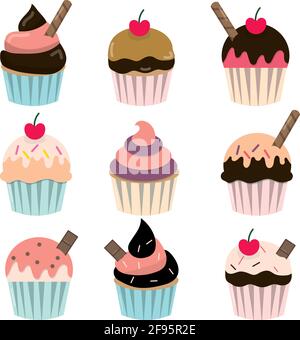 Set di nove cupcake con diversi tipi di glassa e spolverare e aggiungere. Illustrazione Vettoriale