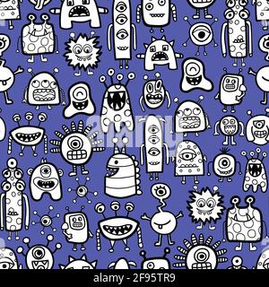 Pattern senza cuciture con divertenti mostri e alieni stile cartoon. Bambini che ripetono vettore sfondo colorare stile libro con caratteri carini per Illustrazione Vettoriale