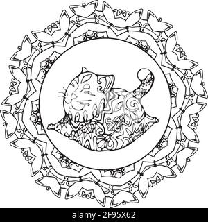 Gatto felice in posa yoga con ornamento e sorriso. Mandala fiore. Illustrazione Vettoriale