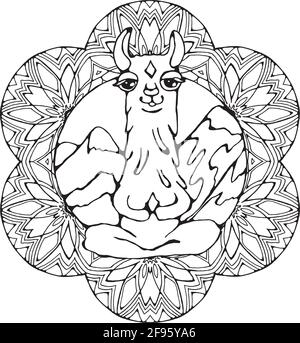 Meditare lama in montagna. Amore e gratitudine. Ornamento Mandala. Illustrazione Vettoriale