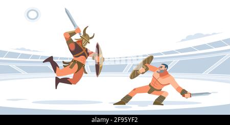 Guerrieri spartani che combattono nell'arena dei gladiatori. Lotta gladiatoria. Tracia vs Spartaco. Illustrazione vettoriale isolata. Stile cartoon piatto Illustrazione Vettoriale