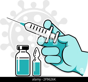 La mano del medico o dell'infermiere in guanto medico fa il vaccino contro il coronavirus. Flacone e flaconcino contenente farmaco per COVID-19. È il momento di vaccinare il poster o. Illustrazione Vettoriale