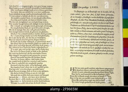 Friedrich Heinrich, Principe di Orania, Conte di Nassau Indietro dell'incisione in rame di Cornelis van Dalen d. Ä. Dopo i dipinti di Adriaen van der Venne, rappresentano la morte del principe Friedrich Heinrich von Oranien (Den Hague 14 marzo 1647): Pagina di testo in olandese. Lingua, a partire da un saluto al lettore sulla metà destra, seguito da miscelatori funebri, proseguita sulla metà sinistra (ordine corretto quando la piegatura di incisione di rame). Foto Stock