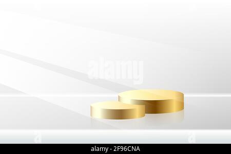 Podio d'oro realistico. Piedistallo rotondo vincitore. Luogo illuminato con faretto. Illustrazione Vettoriale
