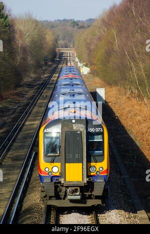 A sud-ovest di treni ferroviari SWT di proprietà di Stagecoach, operatore del South Western Railway franchising 1996 al 2017. La British Rail 450 classe terza rotaia-DC Foto Stock