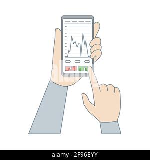 Smartphone mani con cartoni animati vettoriali cartoni animati cartoni animati isolati su bianco. Online trading, azioni, banche, e il concetto di successo finanziario. Applicazione di investimento. Illustrazione Vettoriale