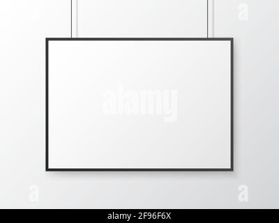 Poster mockup orizzontale. Bianco vuoto con cornice. Foglio vuoto sulla parete della luce. Modello di foto con bordo nero. Pittura isolata. Vettore Illustrazione Vettoriale
