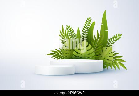 Scena bianca minimale con forme geometriche e foglie di palma verdi. Podio cilindrico su sfondo giallo. Tavola 3D per la visualizzazione di un prodotto cosmetico Illustrazione Vettoriale